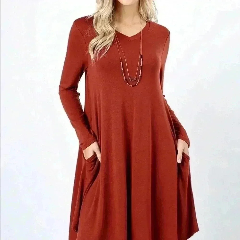 "Rose" Rust Long Sleevr V-Neck Dress with Pockets